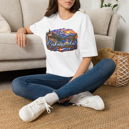 Colorado Scenic T‑Shirt — Mountain Sunset Landscape with Elk and State Script