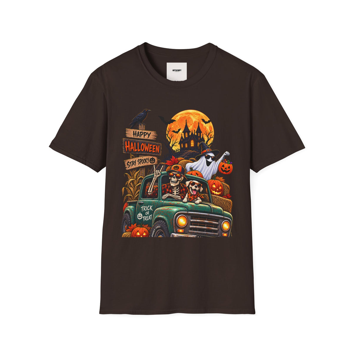 Halloween Truck T‑Shirt — "Happy Halloween, Stay Spooky" Cute Haunted Pumpkin Design