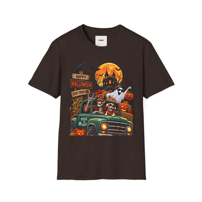 Halloween Truck T‑Shirt — "Happy Halloween, Stay Spooky" Cute Haunted Pumpkin Design