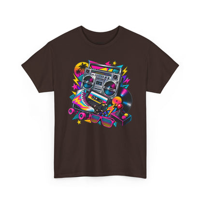 Retro Boombox Tee — 80s Neon Music Graphic T-Shirt