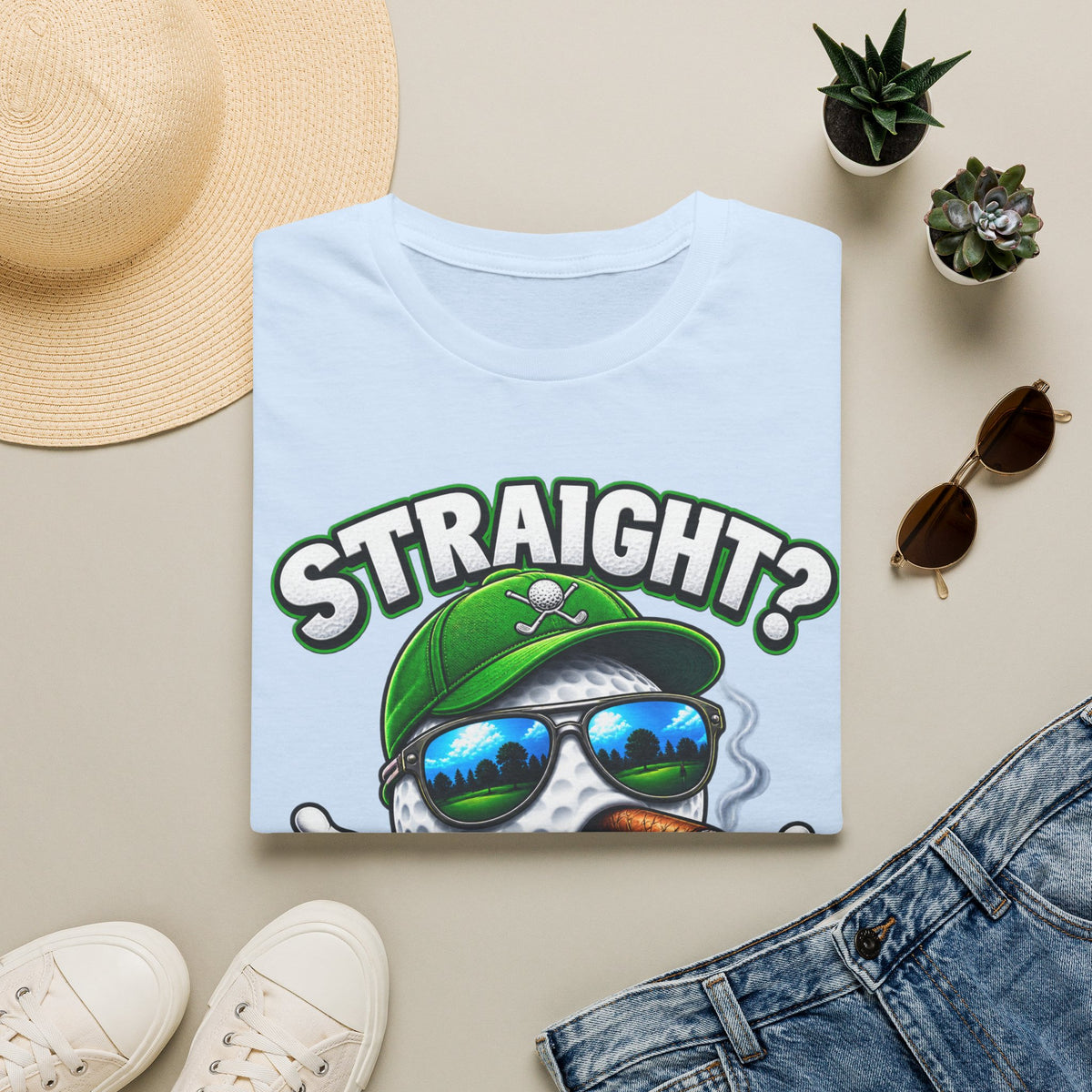 Golf Ball Graphic T-Shirt — "Straight? Never Heard of Her." Funny Golf Shirt