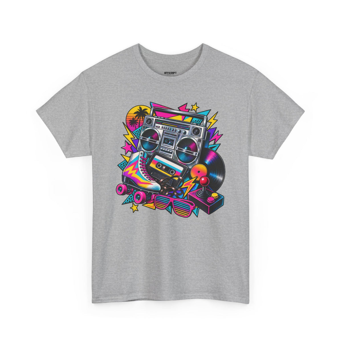 Retro Boombox Tee — 80s Neon Music Graphic T-Shirt