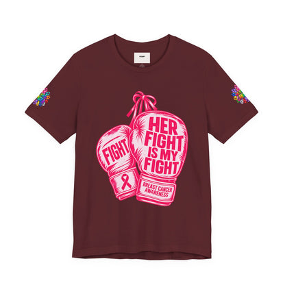 Breast Cancer Awareness Tee – “Her Fight Is My Fight” Boxing Gloves T-Shirt