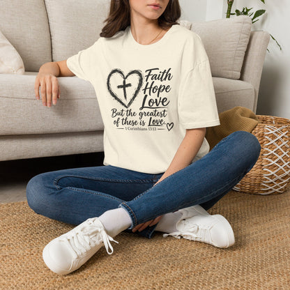 Faith Hope Love T‑Shirt — Heart & Cross Scripture Design (1 Corinthians 13:13)