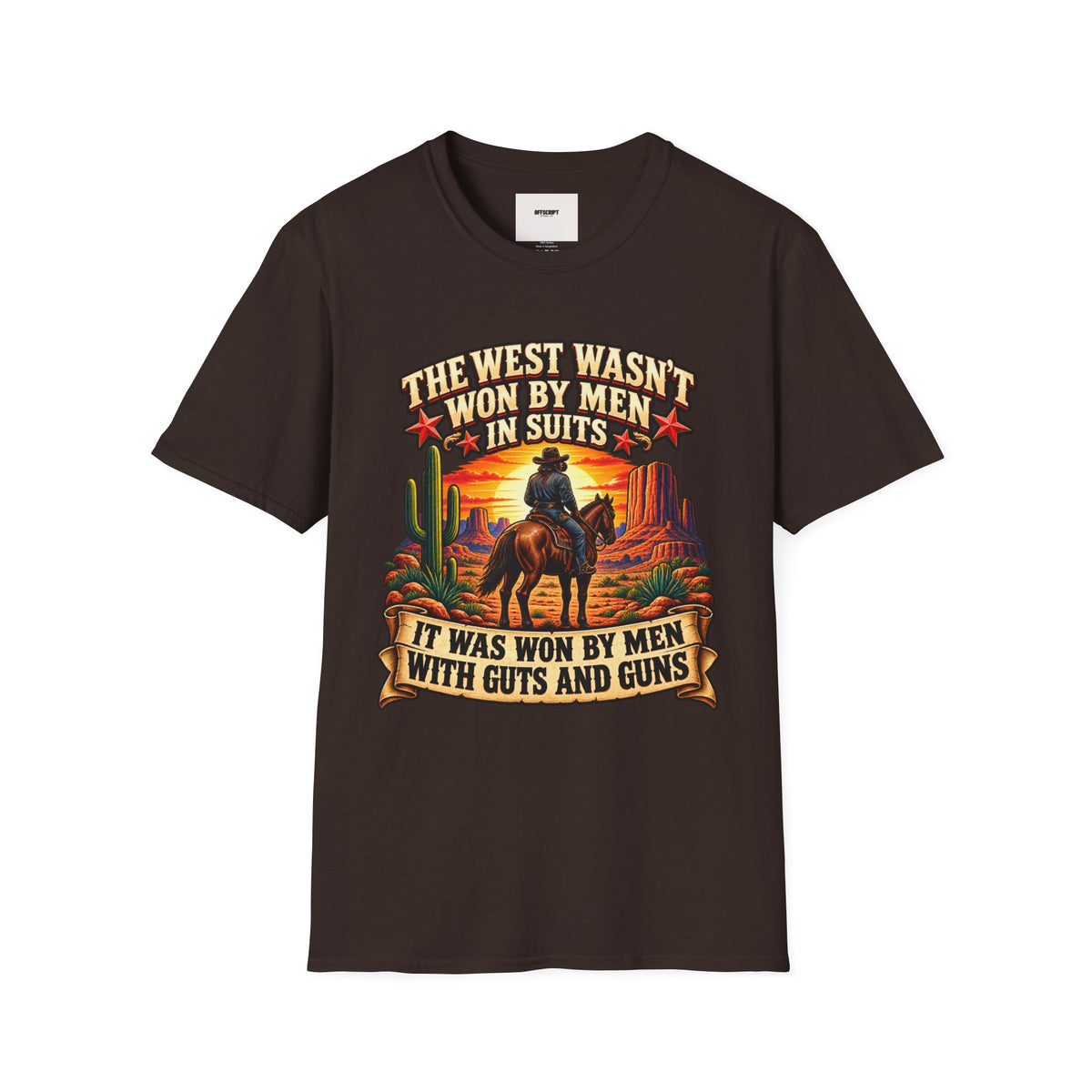 Western Graphic T-Shirt — “The West Wasn’t Won by Men in Suits” Cowboy Sunset Tee