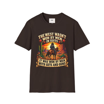 Western Graphic T-Shirt — “The West Wasn’t Won by Men in Suits” Cowboy Sunset Tee