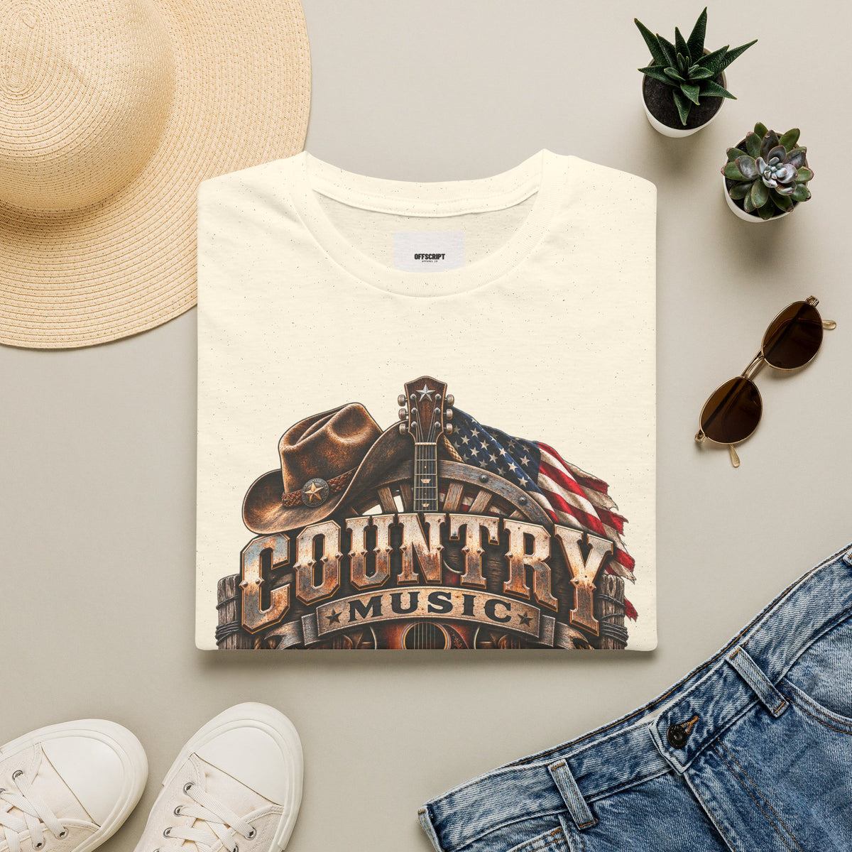 Country Music Graphic T‑Shirt — Western Guitar & Flag Design