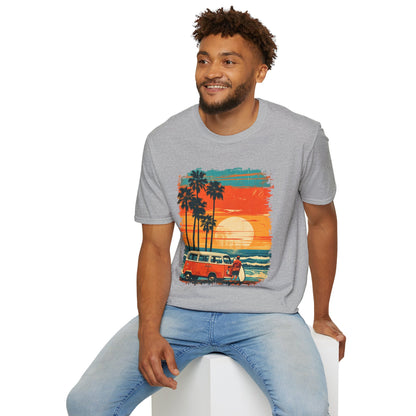 Retro Sunset Van T-Shirt – Tropical Beach Road Trip Graphic