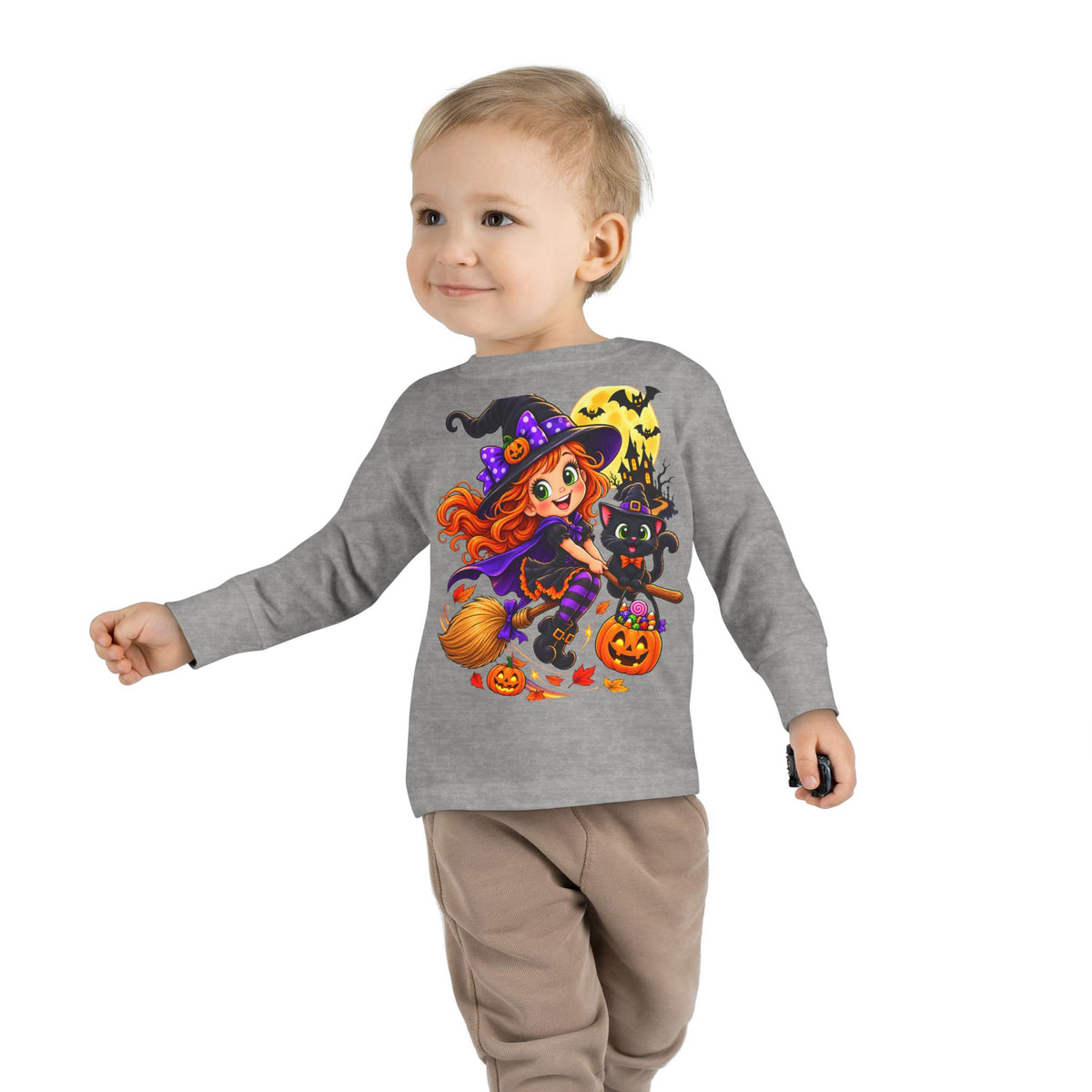 Toddler Halloween Witch Long Sleeve Tee — Cute Witch & Black Cat Pumpkin Design