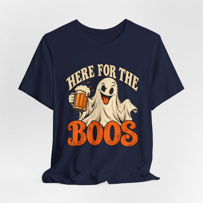 Here for the Boos Halloween T-Shirt — Ghost Drinking Beer Graphic Tee