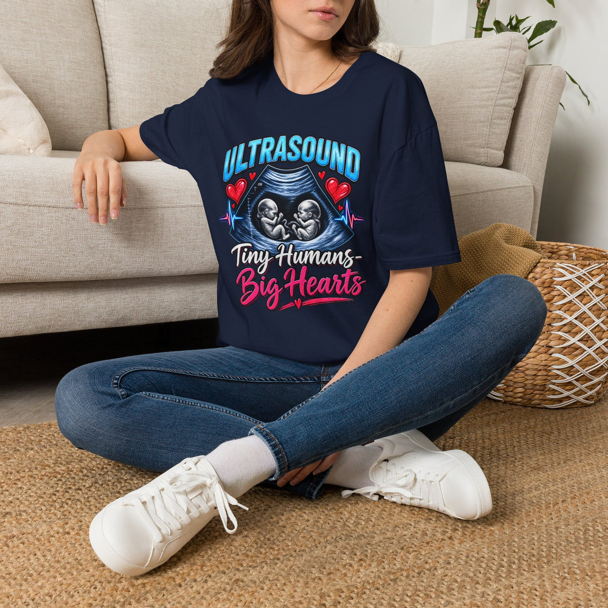 Ultrasound Twins T‑Shirt — Tiny Humans Big Hearts Pregnancy Tee