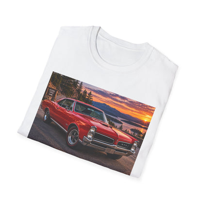 Classic Red Muscle Car T-Shirt — Vintage Pontiac Sunset Driving Tee