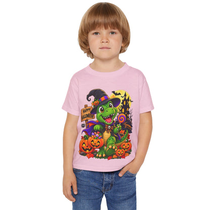Toddler Halloween Dino T‑Shirt – Cute Witch Dino with Pumpkins & "Happy Halloween" Design