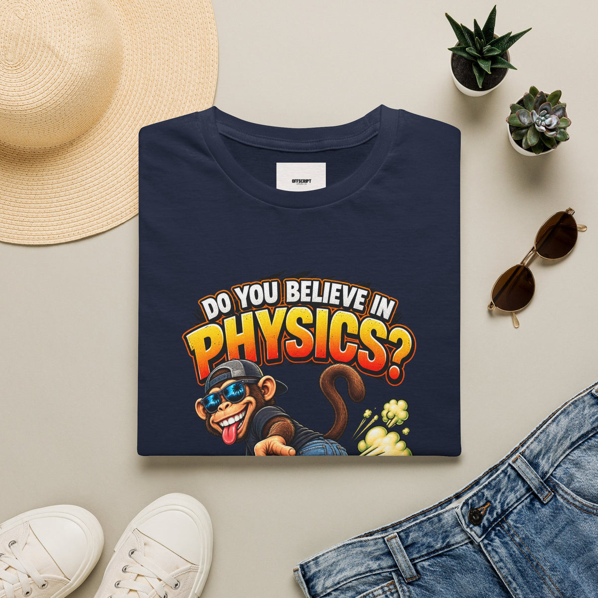 Physics Joke T-Shirt — "Do You Believe in Physics?" Monkey Pull My Finger Graphic Tee