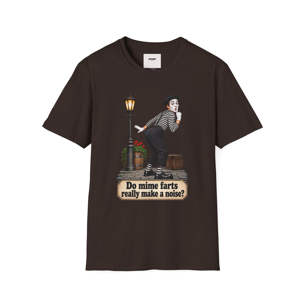 Mime Graphic T-Shirt — "Do Mime Farts Really Make a Noise?" Vintage Street Performer Tee