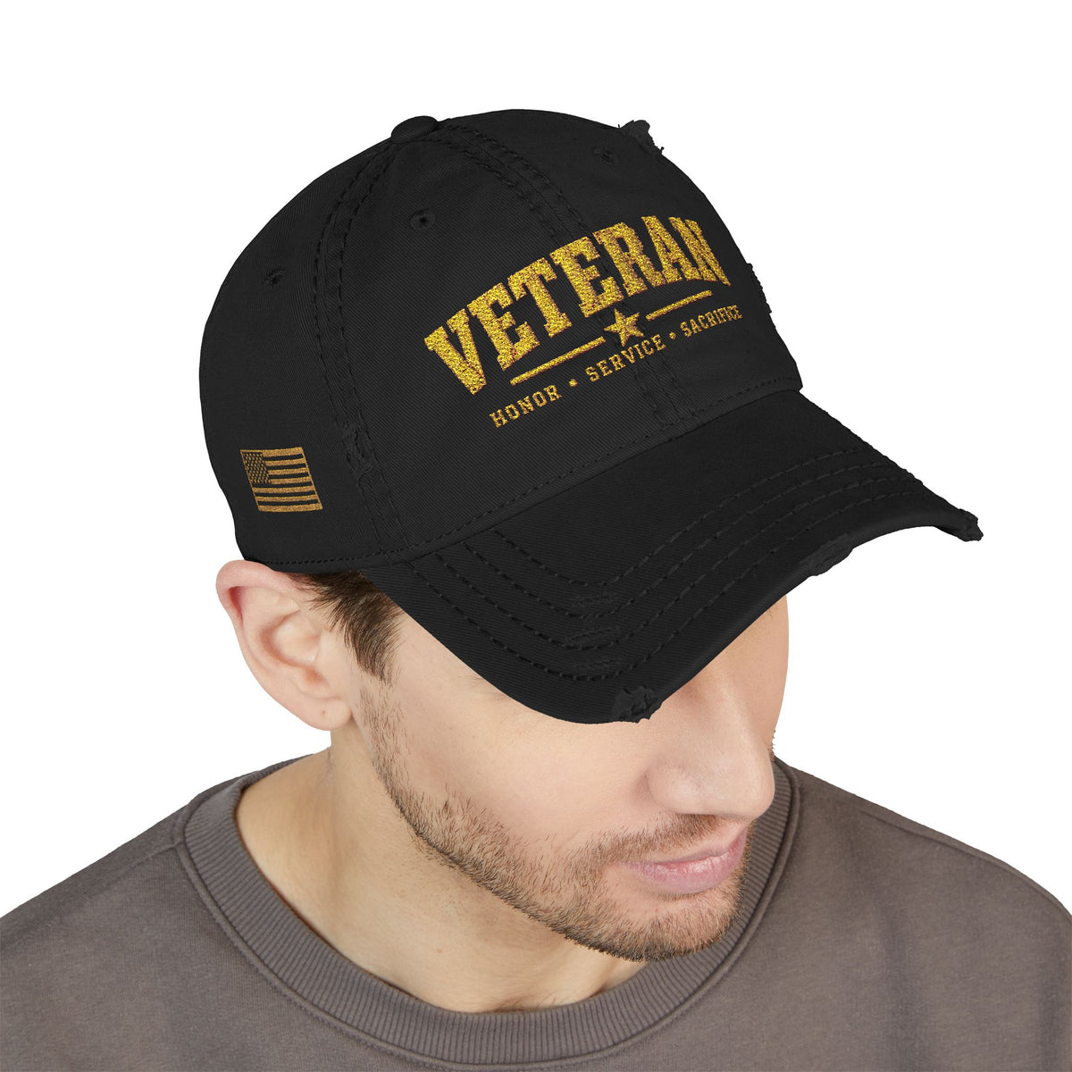 Veteran Embroidered Distressed Dad Hat — USA Honor Gratitude