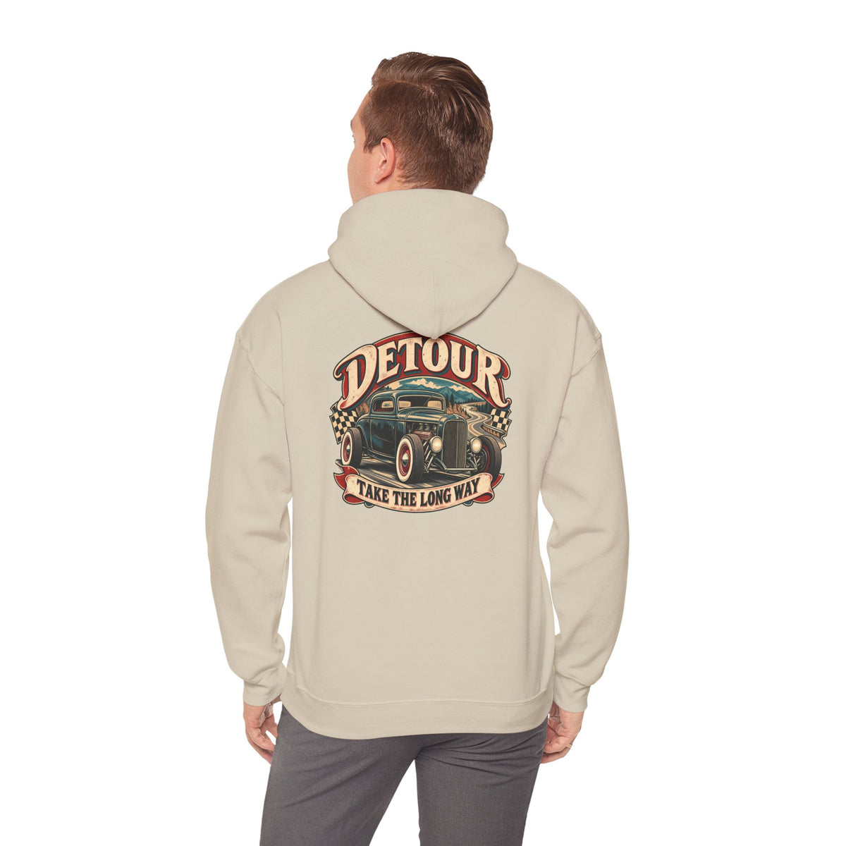 Detour Vintage Hot Rod Hoodie — "Take The Long Way" Classic Car Sweatshirt