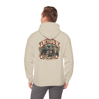 Detour Vintage Hot Rod Hoodie — "Take The Long Way" Classic Car Sweatshirt