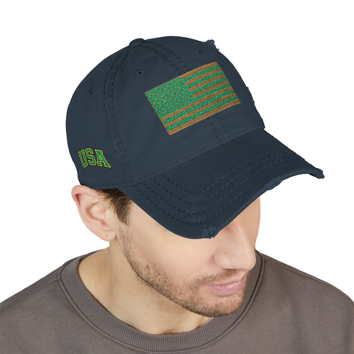 Embroidered Distressed Dad Hat — Green & Gold Flag Patch