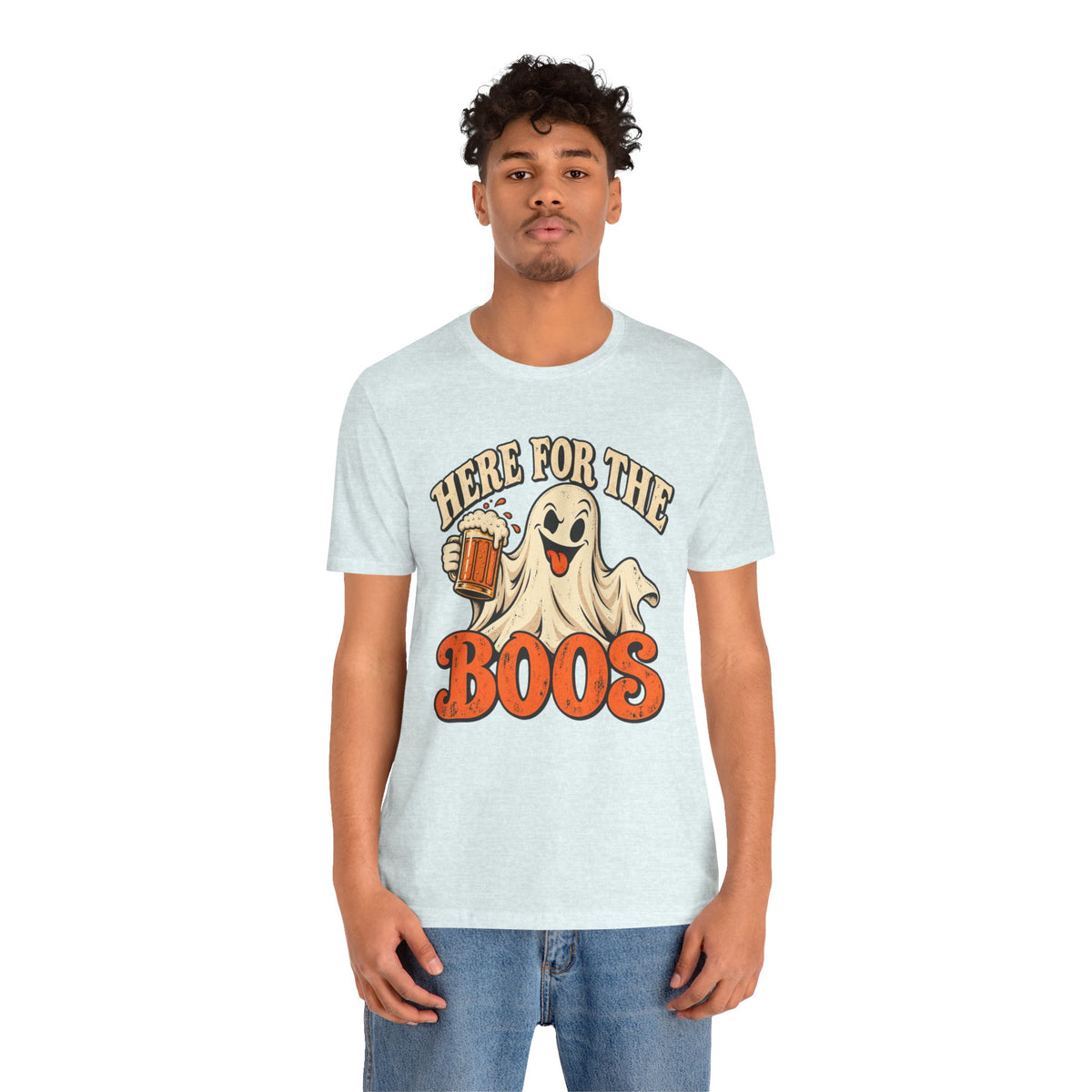 Here for the Boos Halloween T-Shirt — Ghost Drinking Beer Graphic Tee