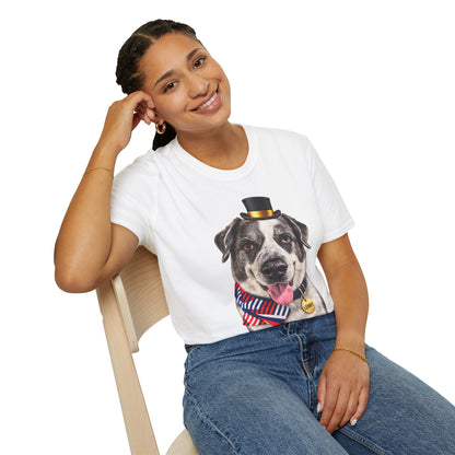 Patriotic Pup Tee — Dog with Top Hat & American Flag Bandana