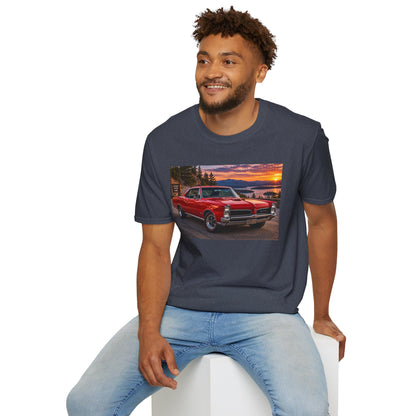Classic Red Muscle Car T-Shirt — Vintage Pontiac Sunset Driving Tee