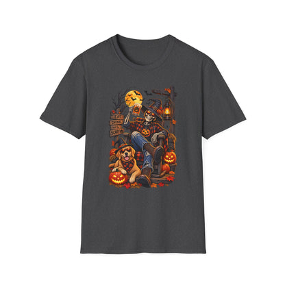 Halloween Skeleton Scarecrow T-Shirt — 'Eat Drink & Be Scary' Pumpkin Dog Tee