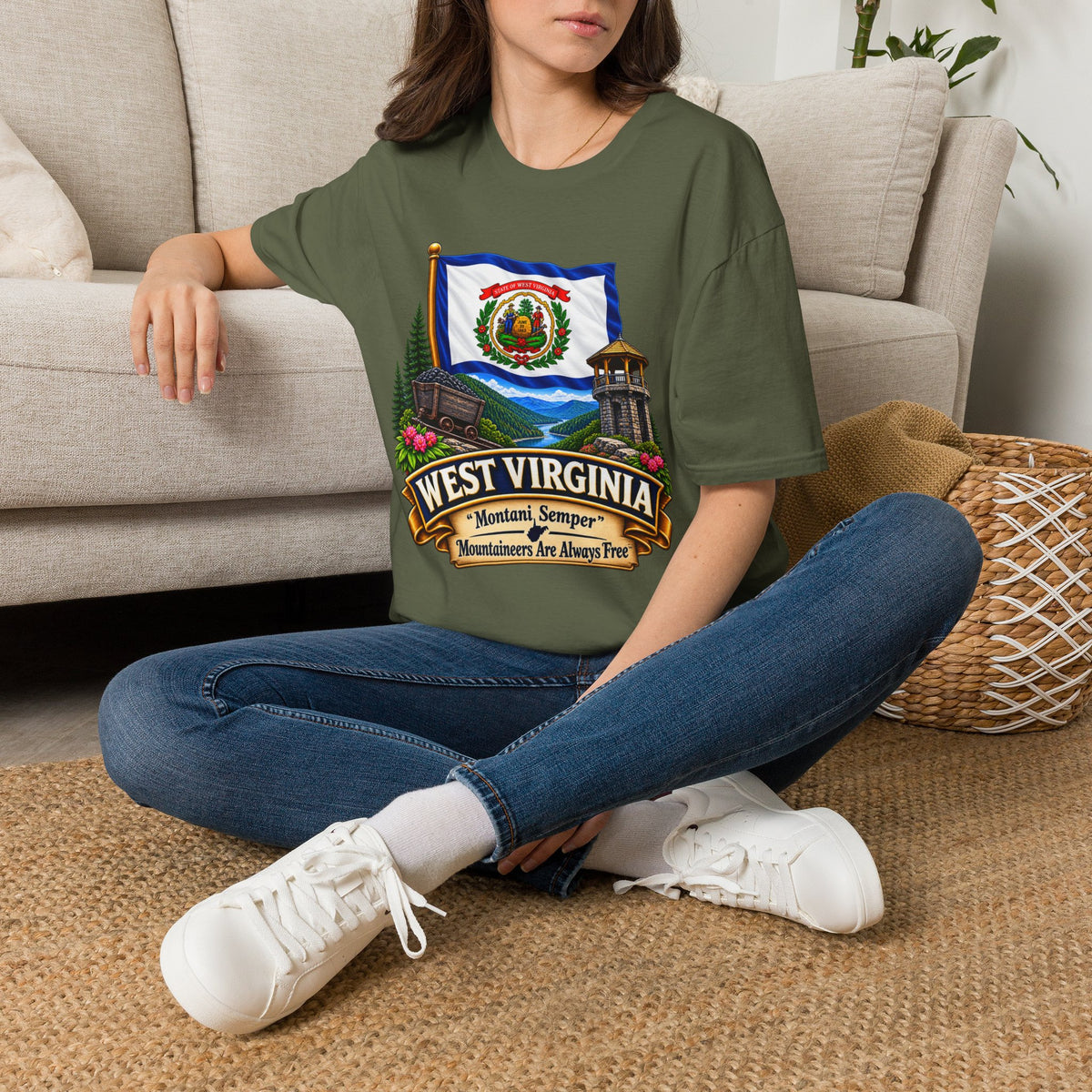 West Virginia Flag T-Shirt — State Pride Scenic Design ("Mountaineers Are Always Free")