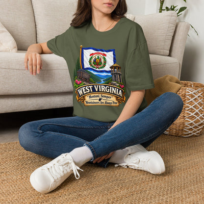 West Virginia Flag T-Shirt — State Pride Scenic Design ("Mountaineers Are Always Free")