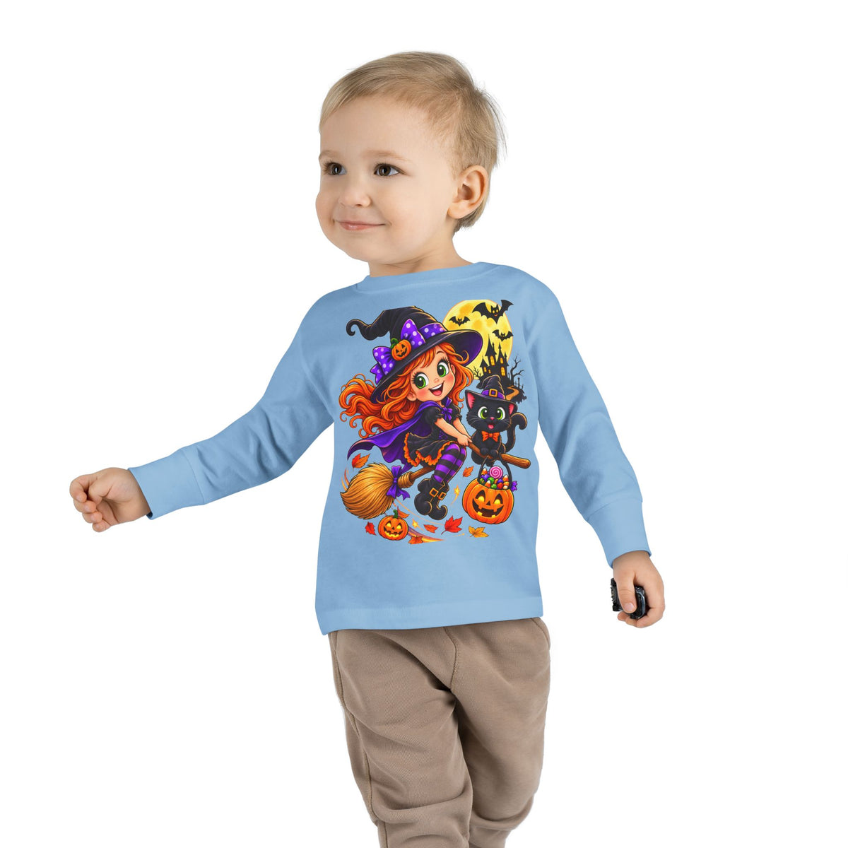 Toddler Halloween Witch Long Sleeve Tee — Cute Witch & Black Cat Pumpkin Design