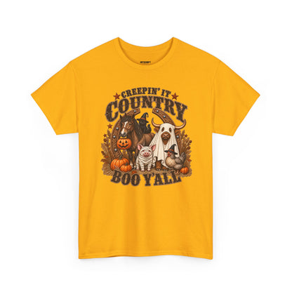 Country Halloween Tee — "Keepin' It Country Boo Y'all" Farm Animal Pumpkin T-Shirt