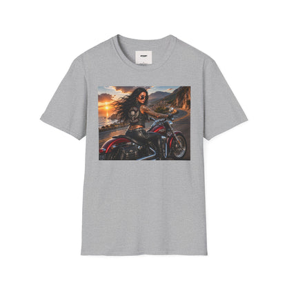 Biker Girl Sunset T-Shirt — Motorcycle Rider Graphic Tee
