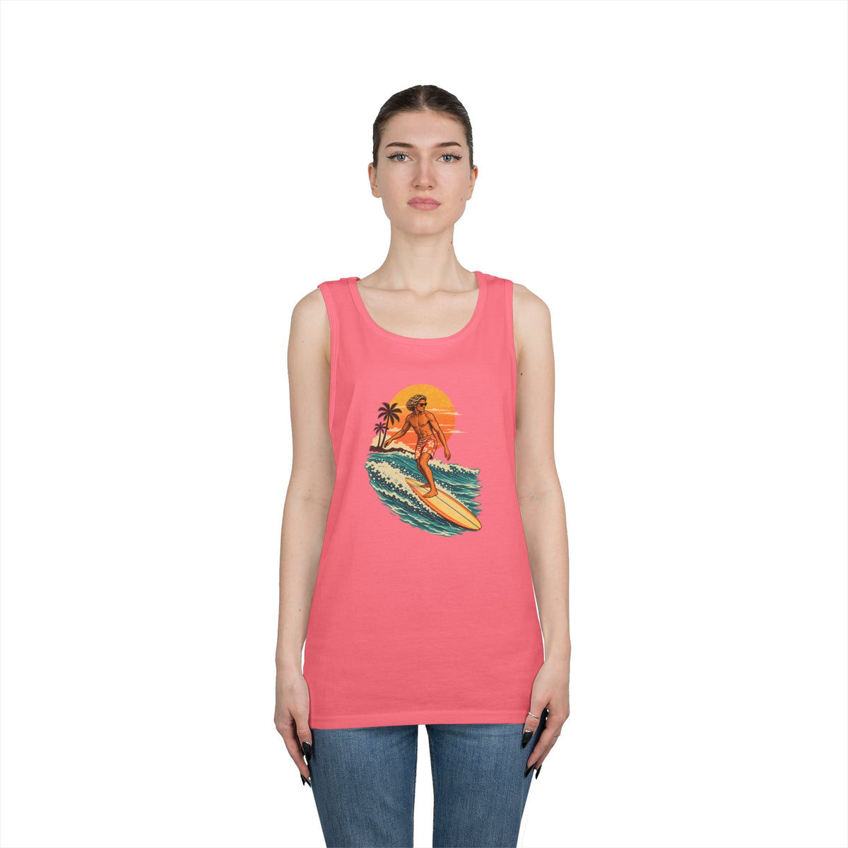Surfing Sunset Tank — Retro Surfer Graphic Tank Top