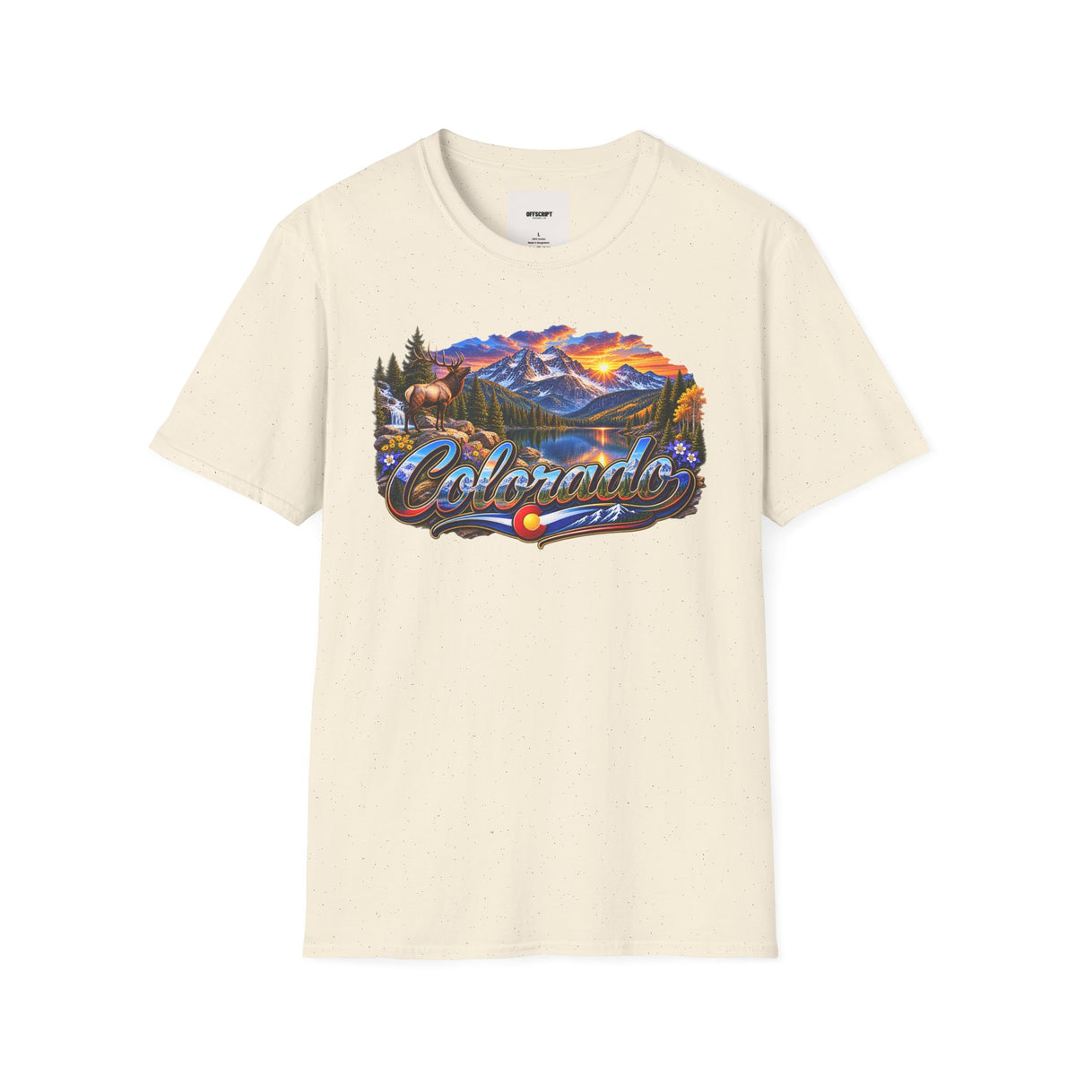 Colorado Scenic T‑Shirt — Mountain Sunset Landscape with Elk and State Script