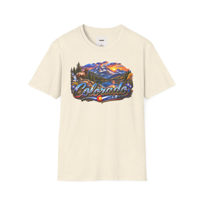 Colorado Scenic T‑Shirt — Mountain Sunset Landscape with Elk and State Script