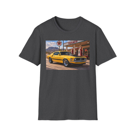 Vintage Yellow Mustang T-Shirt — Retro Texaco Gas Station Car Tee