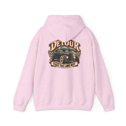 Detour Vintage Hot Rod Hoodie — "Take The Long Way" Classic Car Sweatshirt