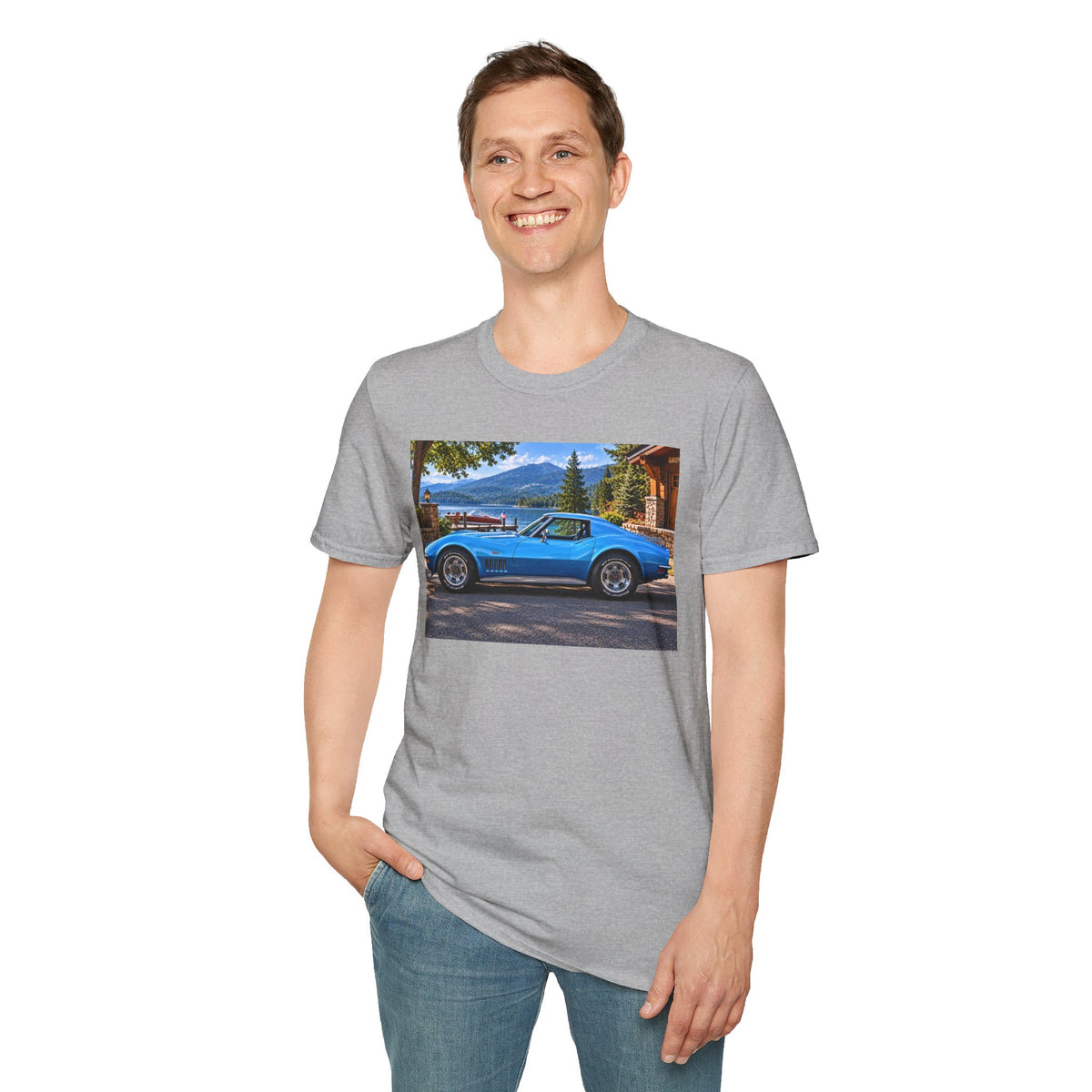 1968 Chevrolet Corvette Stingray Graphic T‑Shirt — Blue Classic Car Lakefront Print