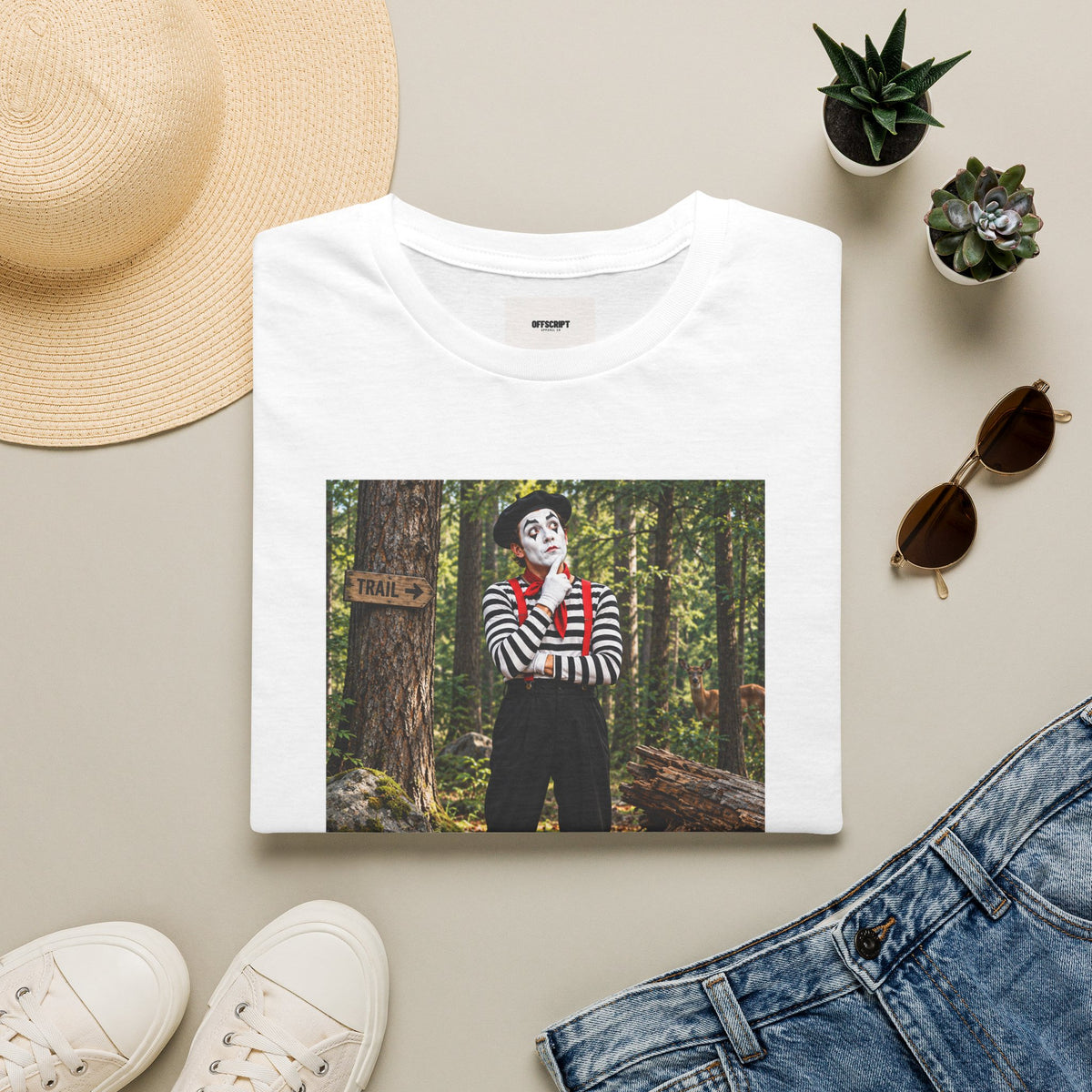 Mime in the Woods T-Shirt — “If a mime falls in the woods…” Casual Graphic Tee