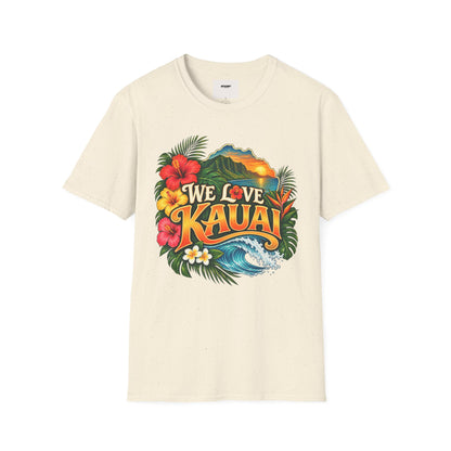 We Love Kauai T-Shirt — Hawaiian Island Sunset Floral Tee