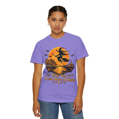 Witch Flying Over Moon T-Shirt – "Why Yes, I Can Drive A Stick" Halloween Tee