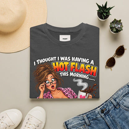Hot Flash Coffee Tee — Funny Menopause T-Shirt (‘My Boobs Fell in the Coffee’)