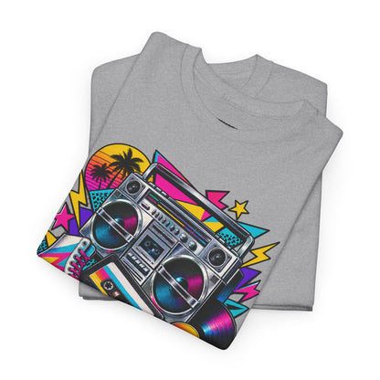 Retro Boombox Tee — 80s Neon Music Graphic T-Shirt