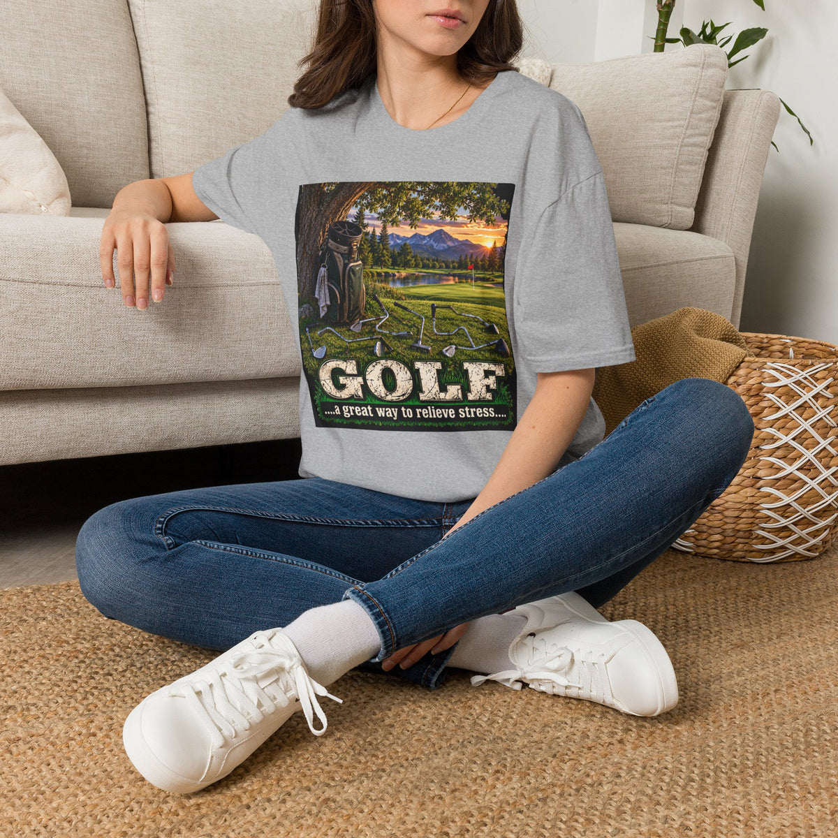 Golf Relaxation T-Shirt — "GOLF: a great way to relieve stress" Scenic Sunset Design