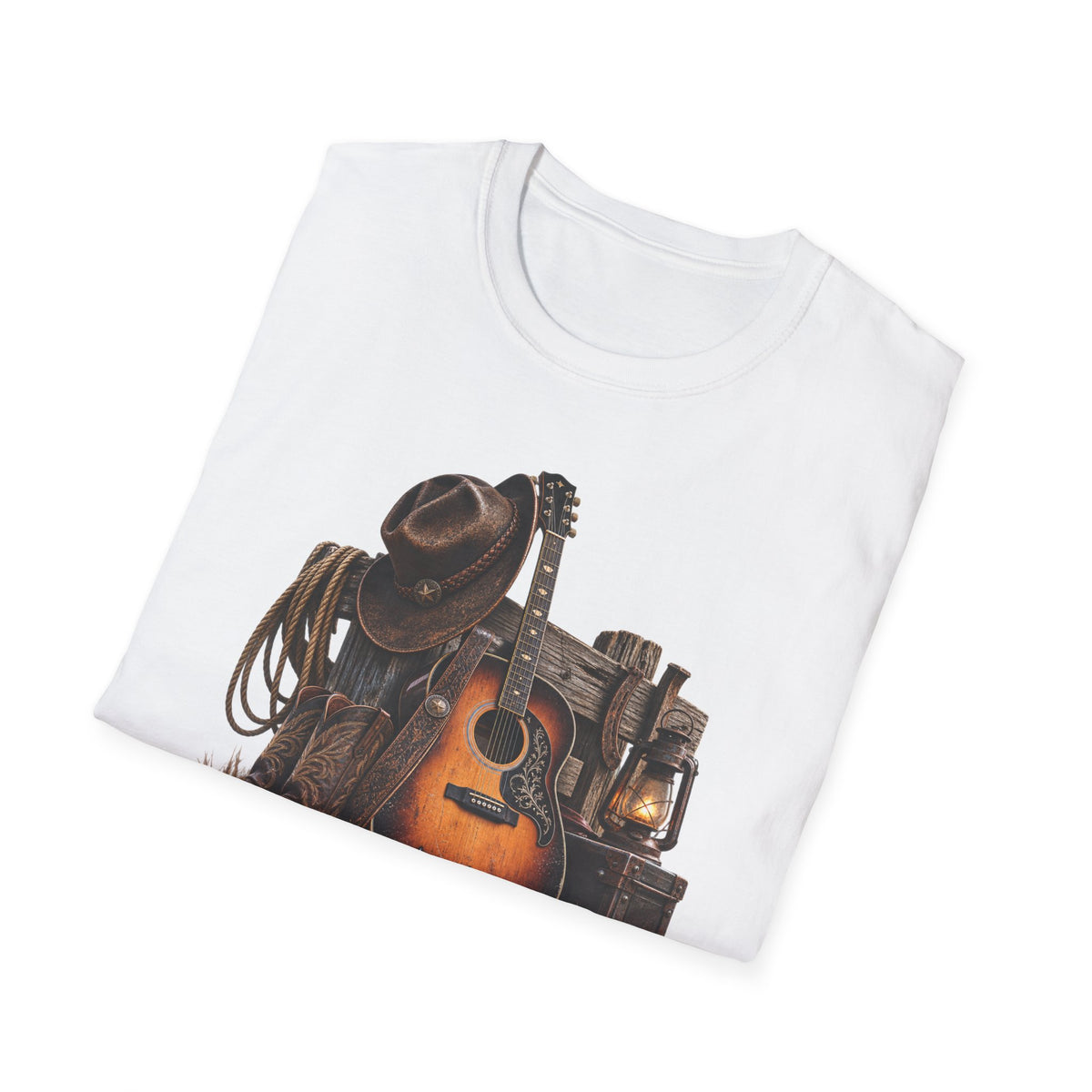 Country Music Guitar T-Shirt — Rustic Cowboy Hat & Lantern Graphic