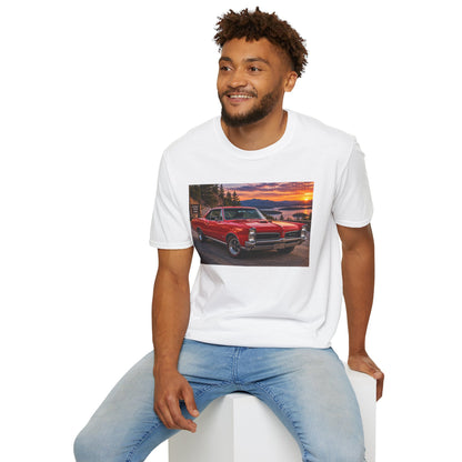Classic Red Muscle Car T-Shirt — Vintage Pontiac Sunset Driving Tee