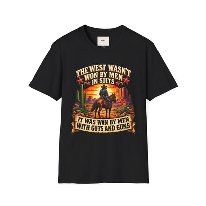 Western Graphic T-Shirt — “The West Wasn’t Won by Men in Suits” Cowboy Sunset Tee