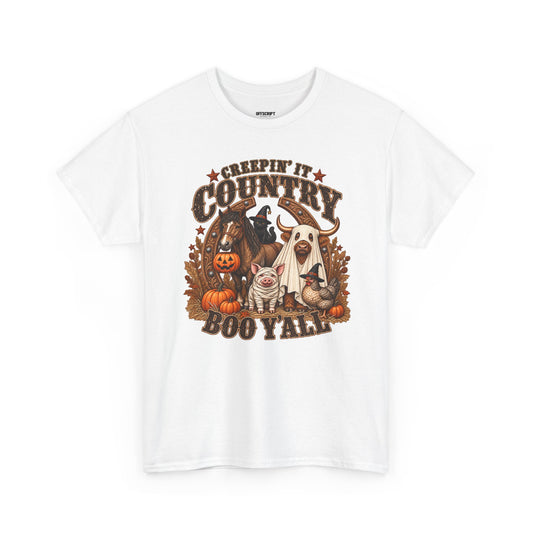 Country Halloween Tee — "Keepin' It Country Boo Y'all" Farm Animal Pumpkin T-Shirt