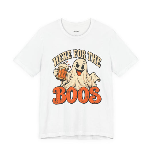 Here for the Boos Halloween T-Shirt — Ghost Drinking Beer Graphic Tee
