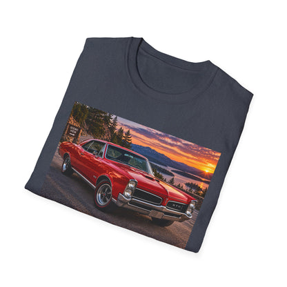 Classic Red Muscle Car T-Shirt — Vintage Pontiac Sunset Driving Tee